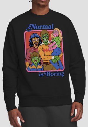 Sweatshirt with cartoon-style bizarre family of monsters and aliens and text reading "Normal is Boring" on black background.