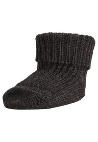 Calzino grigio scuro lavorato a maglia con una parte superiore a coste, texture morbida e punta arrotondata, adatto per il calore e il comfort in condizioni più fredde.