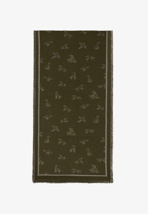 Sciarpa verde oliva con illustrazioni di cani bianchi su tutta la superficie, bordata da una linea grigio chiaro e rifinita con bordi sfrangiati.