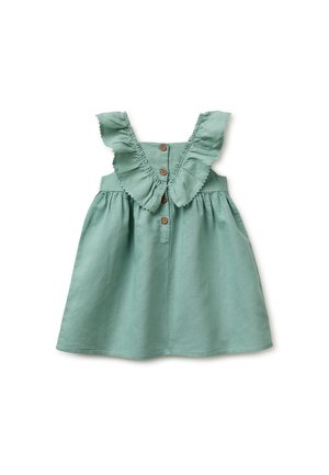 Bezrękawowa jasnozielona sukienka dla malucha z marszczonymi ramiączkami i trzema brązowymi guzikami z tyłu.