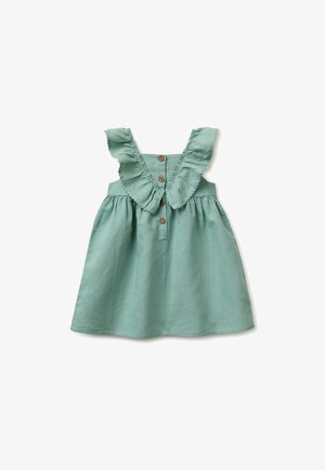 Bezrękawowa jasnozielona sukienka dla malucha z marszczonymi ramiączkami i trzema brązowymi guzikami z tyłu.