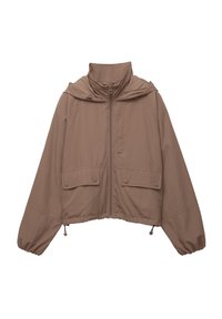 Light brown cropped jacket with a high collar, zip closure, two front pockets, elastic cuffs, and drawstrings at the hem. Smooth texture.