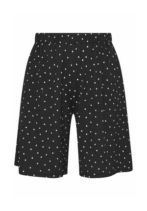 Shorts noirs à pois blancs, avec une taille élastique et une coupe ample, présentés sur un fond blanc uni.