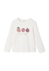 White long-sleeve shirt made of soft fabric featuring three cartoon fruits with smiling expressions, and "COPINES POWER" printed in gold below.