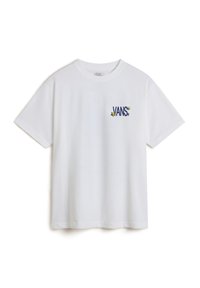 White cotton t-shirt with short sleeves, featuring a blue "VANS" logo and yellow star accents on the left chest. Simple crew neck design.