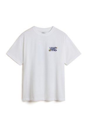 Weißes Baumwoll-T-Shirt mit kurzen Ärmeln, das ein blaues "VANS"-Logo und gelbe Sternakzente auf der linken Brust aufweist. Einfaches Rundhalsdesign.