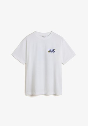 Weißes Baumwoll-T-Shirt mit kurzen Ärmeln, das ein blaues "VANS"-Logo und gelbe Sternakzente auf der linken Brust aufweist. Einfaches Rundhalsdesign.