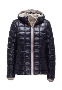 Giacca imbottita trapuntata blu navy con cappuccio, caratterizzata da una cerniera frontale con accenti arancioni e gialli, e una texture liscia e lucida.