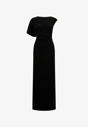Vestido preto até ao chão com um design assimétrico de um ombro só e detalhes franzidos na cintura e na gola.