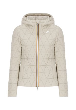 Giacca imbottita beige con motivo trapuntato a triangoli, cappuccio, zip frontale e dettaglio a strisce colorate lungo la zip.