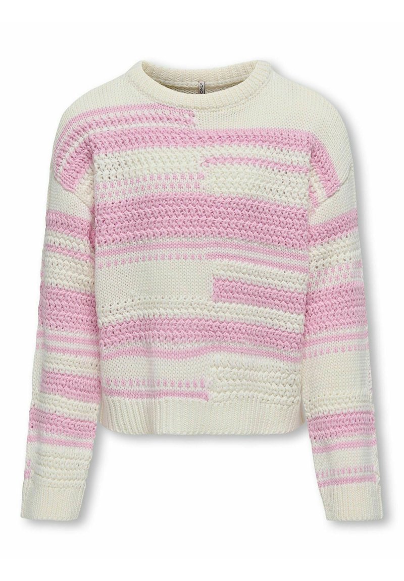 Maglione all'uncinetto a righe crema e rosa, con scollatura tonda e polsini a coste. Il motivo testurizzato aggiunge interesse visivo.