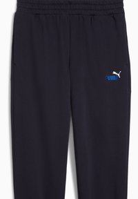 Mørkeblå træningsbukser med elastisk talje, prydet med et hvidt Puma-logo og blå tekst. Glat, let materiale.