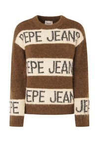 Maglione a righe marroni e crema con il testo "PEPE JEANS" in evidenza, realizzato in un materiale morbido, con scollatura rotonda e maniche lunghe.