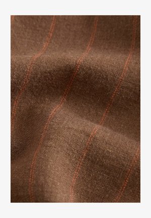 Brown fabric with a textured weave, featuring thin orange stripes running vertically. The surface appears slightly soft and uneven.