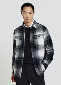 Veste à carreaux en noir, blanc et gris, avec deux poches poitrine, fermeture à boutons et coupe décontractée. Tissu texturé avec col structuré.