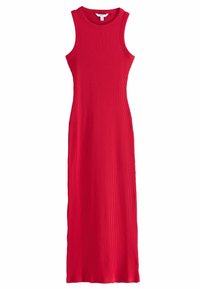 Rotes, geripptes Maxikleid mit ärmellosem Design, Rundhalsausschnitt und einer figurbetonten Silhouette bis zum Knöchel. Glatte Textur.