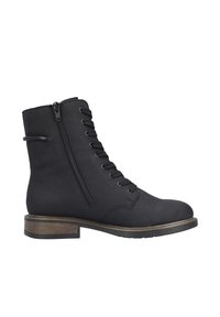 Bottine noire avec un laçage à l'avant et une fermeture éclair sur le côté. Matériau synthétique, bout arrondi, finition texturée et un petit talon en bois.