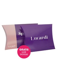 Lucardi sieradendoosje set in paars en roze. Gebogen, glanzende afwerking met witte merktekst en een ronde roze label met de tekst "Gratis Luxe Doosje."