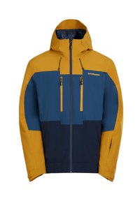 Veste imperméable jaune, bleue et marine. Caractéristiques : une capuche, deux poches poitrine, une fermeture éclair à l'avant et des cordons de serrage réglables. Texture lisse.