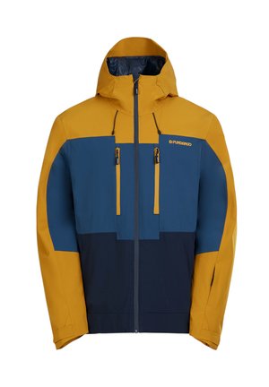 Vattentät jacka i gult, blått och marinblått. Har en huva, två bröstfickor, en framdragkedja och justerbara snören. Slät textur.