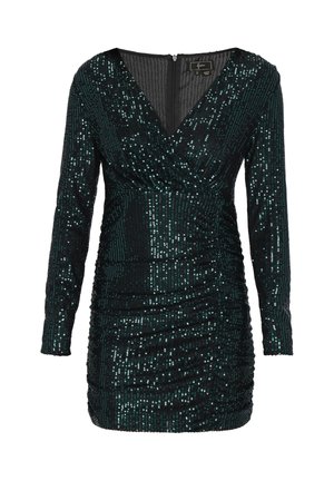 Tumed särav kleit tumedas teal-toonis, millel on pikad varrukad, sügav V-kaelus ja rüüsse tõmmatud tekstuur. Omab seljaosal tõmblukku kinnitamiseks.