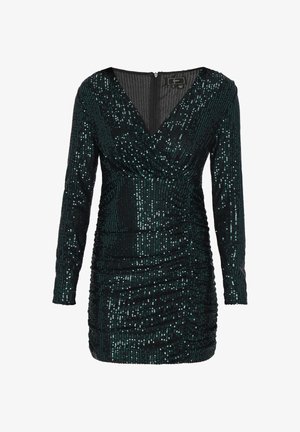 Tumed särav kleit tumedas teal-toonis, millel on pikad varrukad, sügav V-kaelus ja rüüsse tõmmatud tekstuur. Omab seljaosal tõmblukku kinnitamiseks.