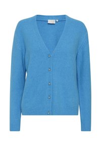 Modrý pletený cardigan s výstřihem do V, dlouhými rukávy a pěti kovovými knoflíky vpředu. Má žebrované manžety a lem.