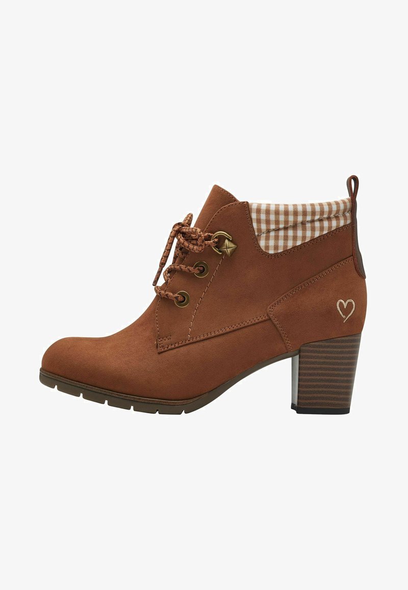 Brown suede ankle boot with a medium heel, featuring a woven lace, decorative metal accents, and a plaid lining at the collar.