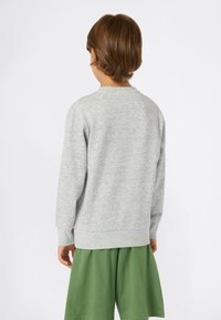 Felpa grigia con maniche lunghe e polsini a coste; texture morbida; abbinata a pantaloni corti verdi. La vista posteriore si concentra sul design della felpa.