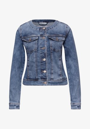 Blaue Jeansjacke mit rundem Kragen, langen Ärmeln, Knopfverschluss vorne und zwei Brustklappentaschen mit Knöpfen.