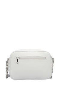 White textured leather crossbody bag with a rectangular shape, a zippered front pocket, and a silver chain shoulder strap.