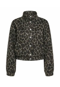 Korte jas met panterprint in donkerbruin en beige. Voorzien van een hoge kraag, drukknoopsluiting en geribbelde manchetten. Zacht, gestructureerd materiaal.