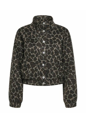 Veste courte en imprimé léopard marron foncé et beige. Caractéristiques : col haut, fermeture à boutons-pression à l'avant et poignets côtelés. Tissu doux et texturé.