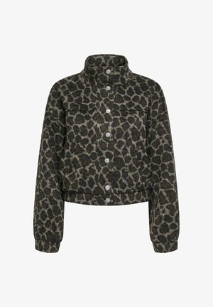 Leopard-print cropped jacket in dark brown and beige. Features a high collar, snap-button front, and ribbed cuffs. Soft, textured fabric.
