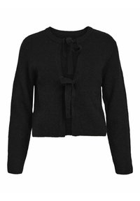 Pull noir en maille avec manches longues, devant ouvert et fermeture à nouer. Présente un motif texturé et un col arrondi.