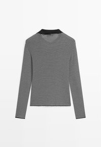 Black and white striped long-sleeve top with a rounded collar. Features a regular fit and soft texture, suitable for casual wear.