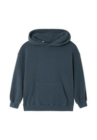 Sweat à capuche bleu foncé à manches longues, poche kangourou à l'avant et poignets et ourlet côtelés, présenté sur fond blanc.