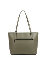 Sac fourre-tout vert olive avec deux poignées, doté d'une poche avant zippée pour un rangement supplémentaire. Design lisse et structuré.