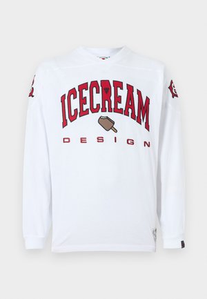 Biała koszula z długim rękawem z czerwonym napisem "ICECREAM DESIGN" oraz grafiką deseru lodowego z przodu. Ściągacze na mankietach i okrągły dekolt.