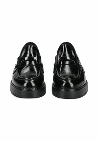 Schwarze Lacklederloafers mit glänzender Oberfläche, ausgestattet mit einem doppelten Riemen und Schnallen-Detail sowie einer kräftigen strukturierten Sohle.