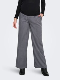 Gray wide-leg trousers with a textured fabric, two front pockets, and creased front detail, paired with black heeled boots.