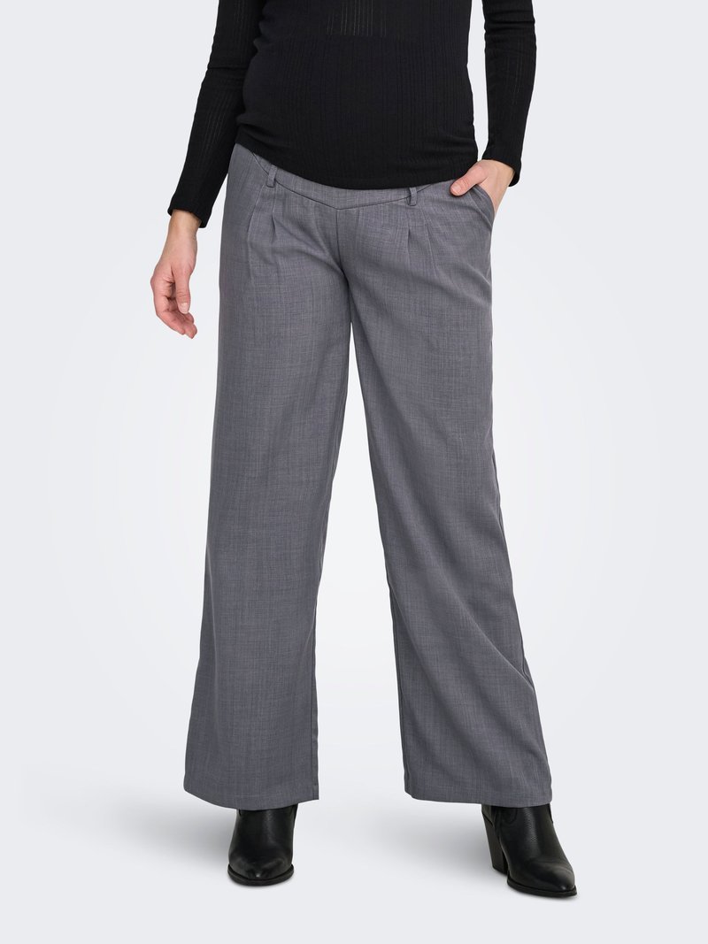 Gray wide-leg trousers with a textured fabric, two front pockets, and creased front detail, paired with black heeled boots.