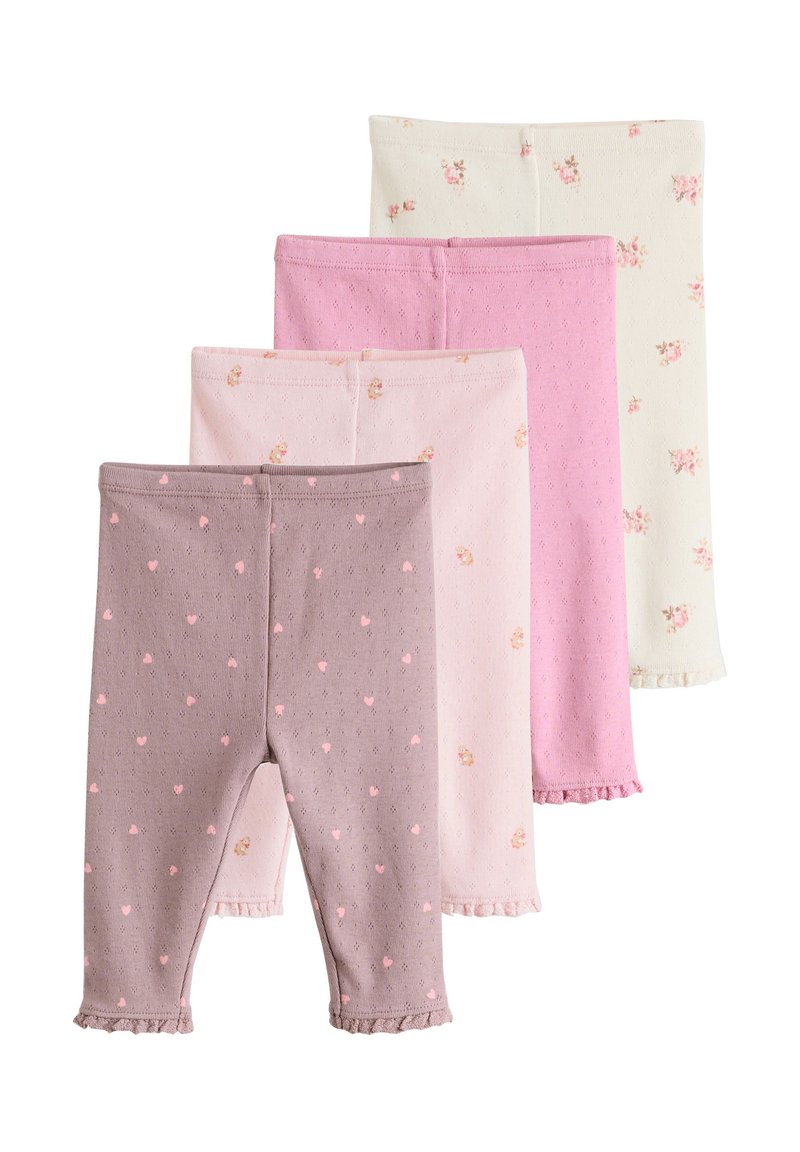 Nelikomplekt retuusid erinevates värvides: hall südamemustriga, hele roosa, tumedam roosa ja valge lillemustriga. Volangidega äärised.