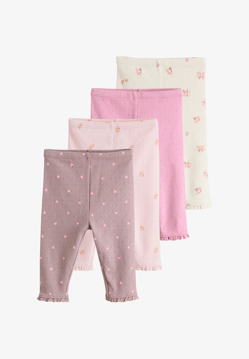 Set aus vier Leggings in verschiedenen Farben: Grau mit Herzmuster, Hellrosa, Dunkelrosa und Weiß mit Blumenmuster. Mit Rüschensaum.
