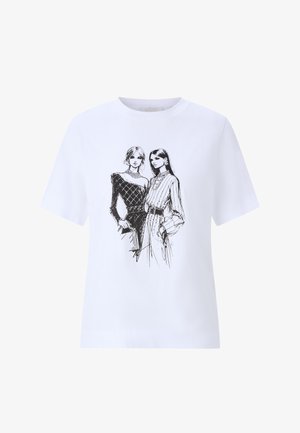 White cotton t-shirt featuring a black sketch of two women in stylish attire. Short sleeves and a loose fit with round neckline.