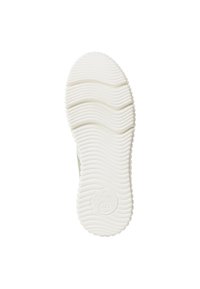 Rubber shoe sole, white with wavy traction pattern. Circular logo imprint in the center. Smooth texture, rounded edges.