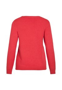 Pull tricoté rouge uni à manches longues avec poignets, ourlet et encolure côtelés, vu de dos.
