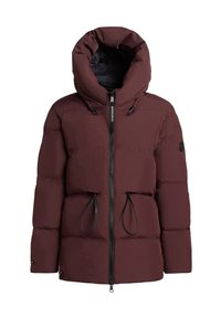 Bordeaux pufferjack met een grote capuchon, rits aan de voorkant, aanpasbare trekkoorden in de taille en elastische manchetten met een gladde textuur.