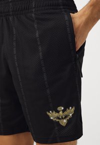 Pantaloni corti sportivi neri realizzati in tessuto a rete traspirante. Presentano un emblema dorato sulla gamba e un sottile motivo a strisce lungo i lati.