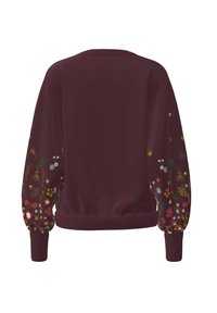 Felpa bordeaux con ricami floreali sulle maniche lunghe. Polsini e fondo elasticizzati, tessuto morbido, vestibilità comoda e scollatura rotonda.